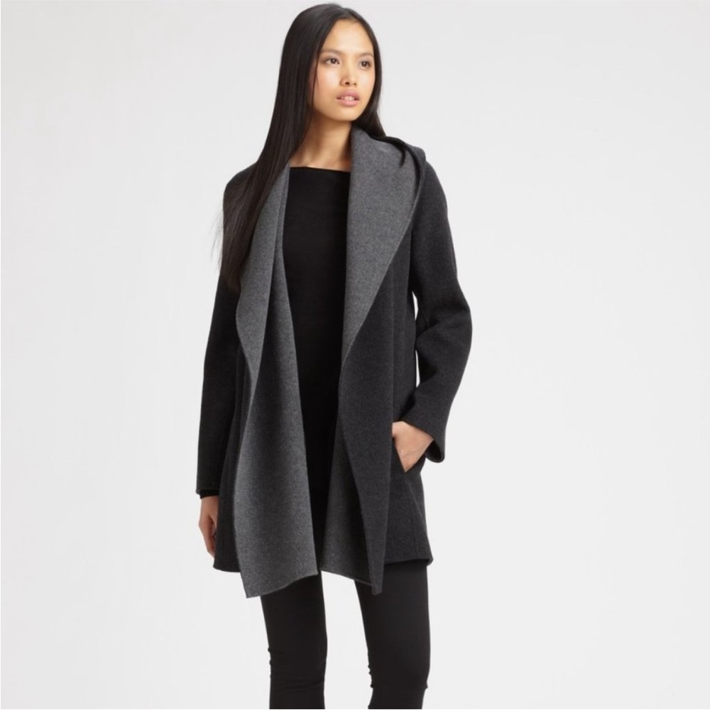 Vince Black & Gray Double Face Open Drape Hooded Wool Coat size Medium